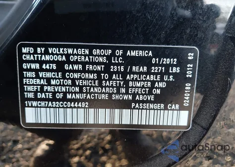 2012 Volkswagen Passat 2.5L Sel из США, поврежденный, VIN 1VWCH7A32CC044492